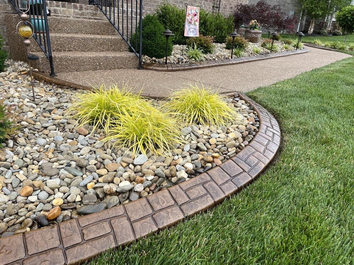 River-rock bed at the front steps, Ashlar Slate pattern