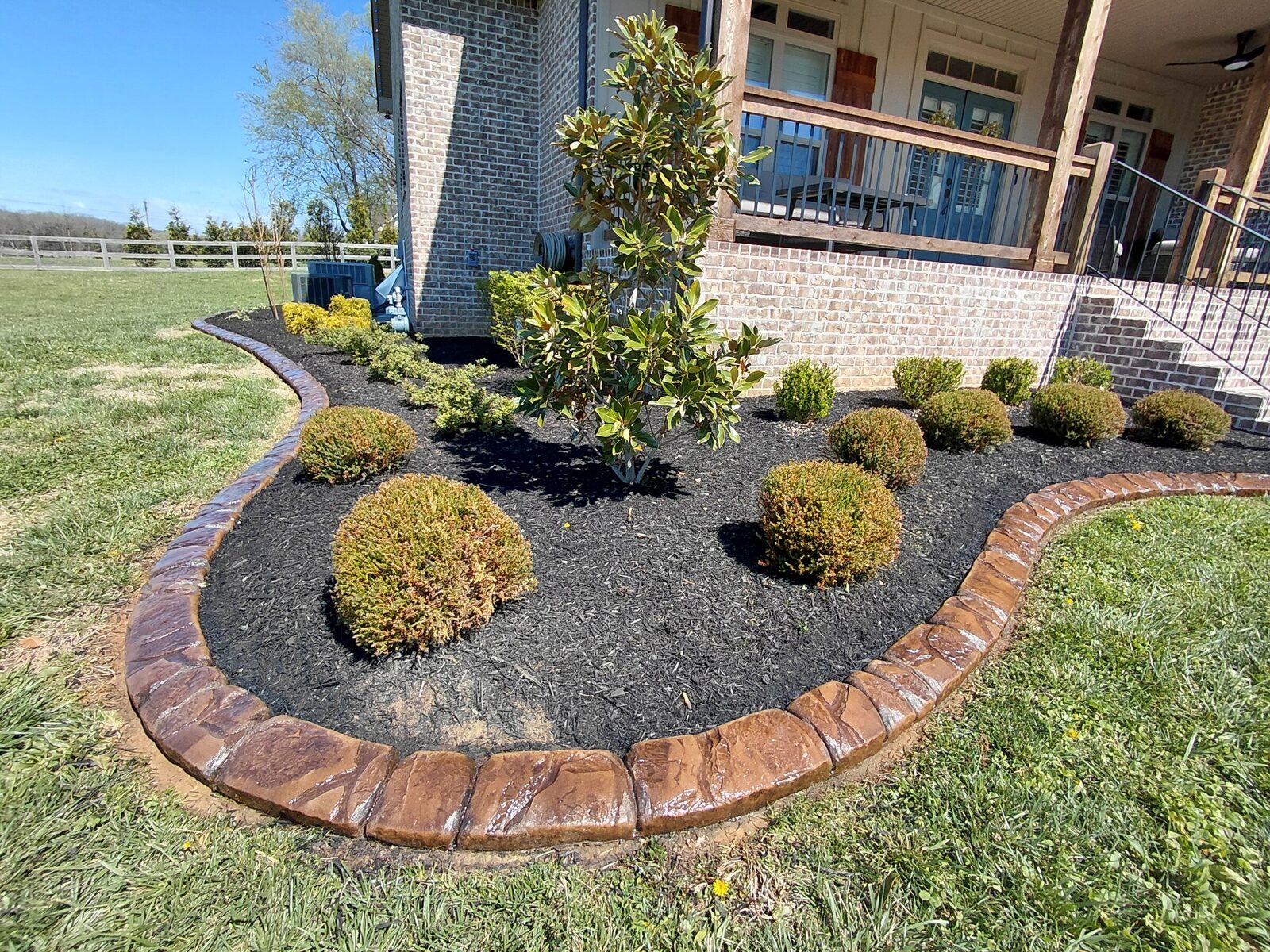 Magnolia bed in black mulch, Chattanooga Rock pattern