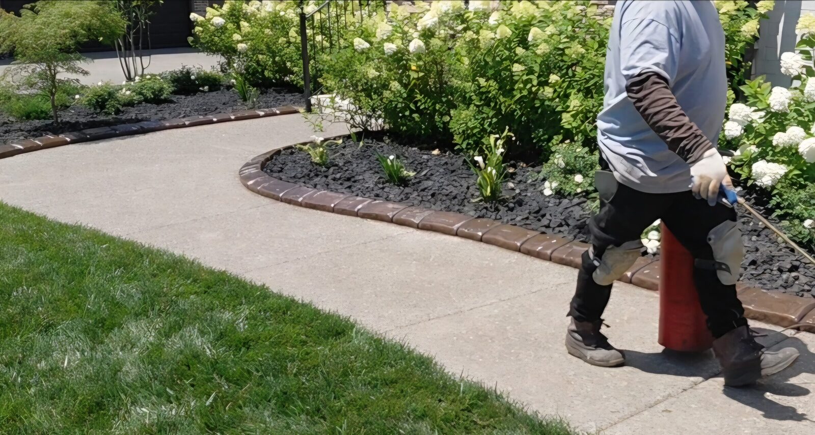 Spraying sealer onto a finished curb along a walkway bed