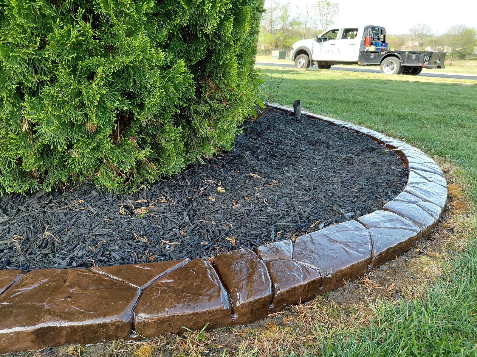 Arborvitae bed in black mulch, Random Stone pattern