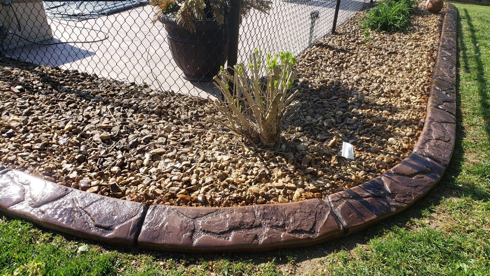 River-rock bed at the fence, Slate pattern