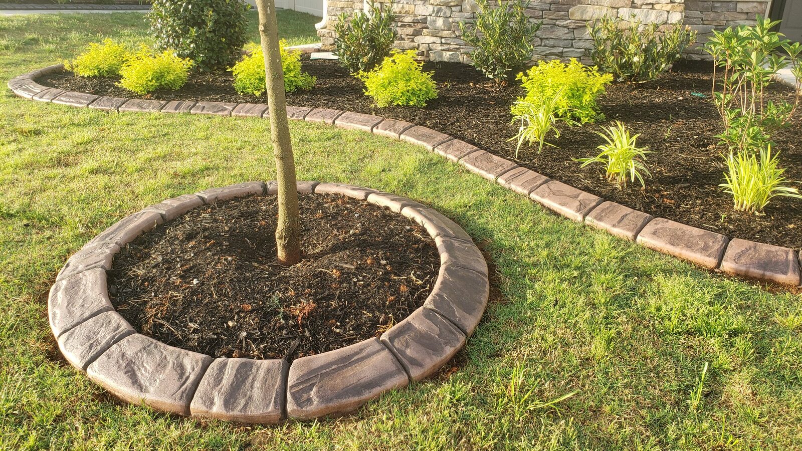 Tan stamped curbing around a tree ring and foundation bed